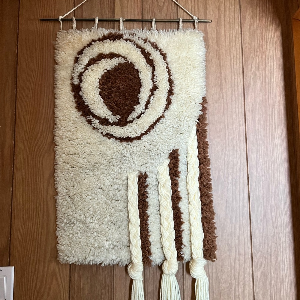 Vintage Boho Textured Woven Wall Hanging 1970's Wall Art Cream and Brown